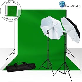 LimoStudio 800-840W Photography Photo Umbrella Lighting Light Kit + 10' x 10' 100% Cotton Green Chroma Key Muslin Backdrop + 10' x 10' 100% Cotton White Muslin Backdrop Background + FREE BONUS White, Green Muslin Protector Photo Portrait Studio Large 40 Black/White Umbrella Continuous Lighting Kit,