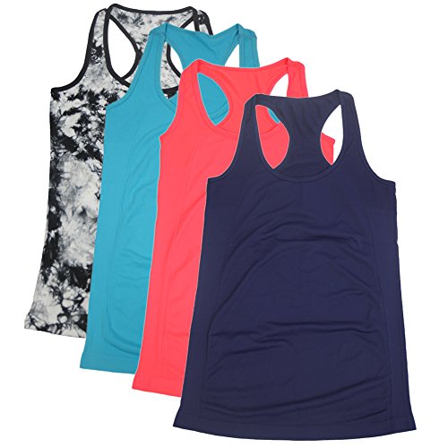 Semath Women's Fitness Workout Vest Tanks Cami Soft Racerback Loose Tank Top, 4 Pack/Acid Blue/Shocking Pink/Dark Blue/Black White, X-Large