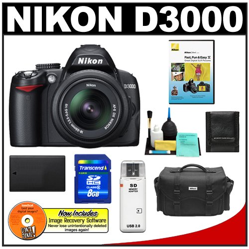 Nikon D3000 10MP Digital SLR Camera with 18-55mm f/3.5-5.6G AF-S DX VR Nikkor Zoom Lens with 8GB Card + EN-EL9a Battery + Nikon Gadget Bag + Accessory Kit