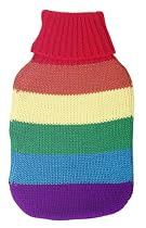 Hot Water Bottle with Rainbow Striped Woolly Cover
