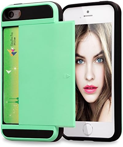 iPhone 5 Case , iPhone 5S Case, AUMI Wallet Case Impact Resistant Hybrid Armor Defender Cover Skin Protective Shell with Card Slot Holder for iPhone 5 5S (Light Blue)