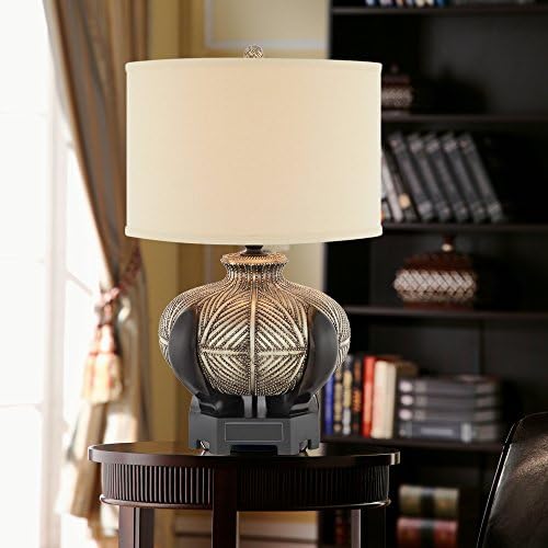Illuminada 18613-000 3-Way 22.75-Inch Textured Antique Silver and Black Table Lamp with Linen Hardback Drum Shade
