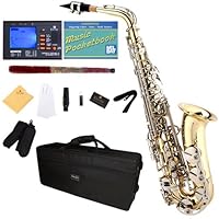 Mendini MAS-LN Gold Lacquered Body w/ Nickel Plated Keys E Flat Alto Saxophone + Case, Accessories and Free Chromatic Tuner with Metronome
