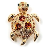 Small Amber Swarovski Crystal Turtle Brooch (Gold Tone)