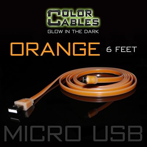 Color Cables: Micro USB Charge and Sync Data Cable (ORANGE - 6FT) Glow In The Dark - 1.8M Extra Long - Extra Tough - No Tangle - High-Speed - Premium Micro USB to USB A Cable (LIFETIME WARRANTY)