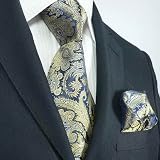 Landisun 16K Navy Blue Gold Paisleys Mens Silk Tie Set: Tie+Hanky &Plastic Hook