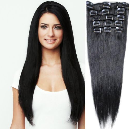 Angel_Halo 14-26 Inches 1# Jet Black 100% Virgin Brazilian Remy Human Hair Extensions Silky Soft Clip in Straight for Women's Beauty Hairsalon 7 Pcs 70-100g (26'')
