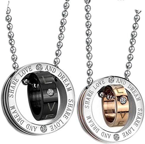 His & Hers Pendant Necklace Jewelry Stainless Steel Double Rings CZ Engraved "Love" Couple Set