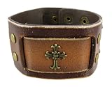 Brown Distressed Leather Gothic Cross Wristband