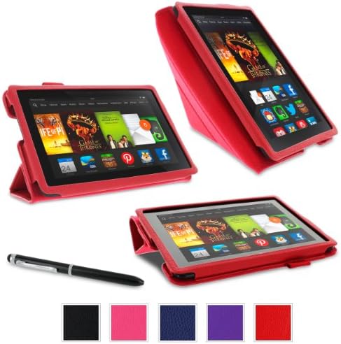 rooCASE Amazon All New Kindle Fire HDX 7 Case - (2014 Current Generation) Origami Stand Tablet 7-Inch 7" Cover with Landscape, Portrait, Typing Stand, Stylus - RED (With Auto Wake / Sleep Cover)