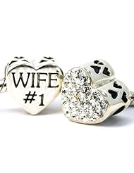 .925 Sterling Silver " 2 Sided #1 Wife w/Clear Swarovski Pave " Charm Bead Compatible with Pandora Chamilia Kay Troll & More