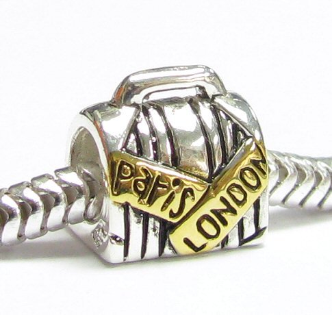 Queenberry Gold on Sterling Silver Suitcase Luggage Bag Paris London Bead Charm for Pandora Troll Biagi Chamilia Bracelet