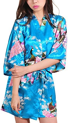 Macher Women's Kimono Style Satin Robe Bathrobes Knee Length (S, Acid bule)