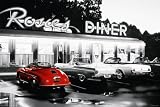 Poster Rosie s Diner 50 Jahre amerikanisches Restaurant Retro Schwarz-Weiss Straßenkreuzer - Maxiposter - Größe 91,5 x 61 cm