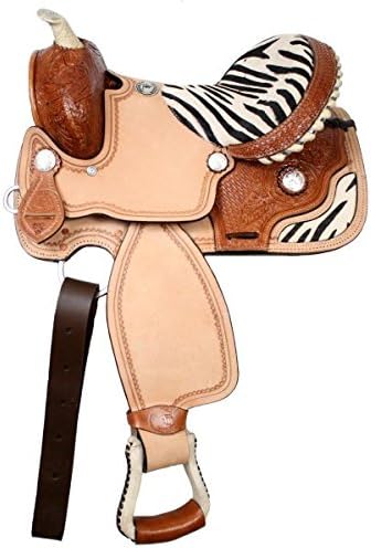 Double T 12" Youth Barrel Saddle with Zebra on Half Breed Seat and Corner of Skirt Barbwire Border Tooling