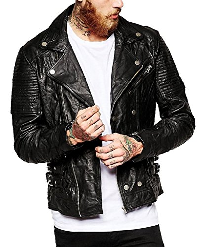Premium Leather Mens Lambskin Leather Bomber Biker Leather Jacket XXXL Black