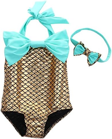 Elfinn Girl's One Piece Bowknot Mermaid Swimwear Bathing Suit+Headband Blue 120