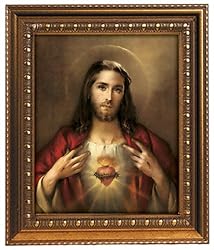 Sacred Heart of Jesus in Wood Frame with Golden Trim, 11.25" x 13.25" - MADE IN ITALY