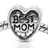 " Love Best MOM Heart " Antiqued Silver Bead Charm Spacer Pandora Troll Chamilia Biagi Bead Compatible
