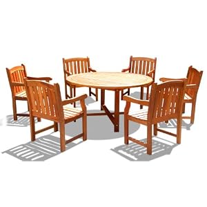 VIFAH V343SET2 English Garden Outdoor 7-Piece Dining Set with Round Table, Natural Wood Finish, 59... by 