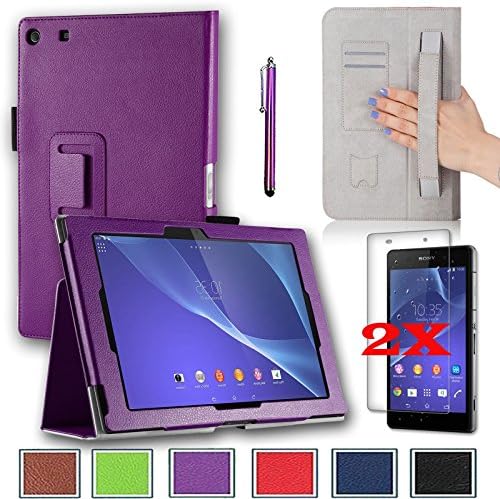 FOR SONY Experia Z2 Tablet 10.1" PREMIUM QUALITY PU LEATHER FOLIO PROTECTIVE CASE COVER STAND, MICROFIBER INNER, STYLUS SLOT, Hand Strap and Credit Cards Holders plus 2 Screen Protectors and Stylus!