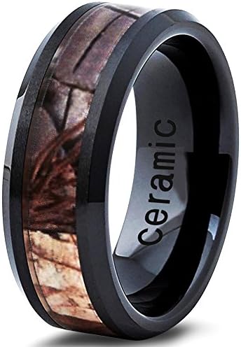 Ceramic Ring 8mm for Men Women Black Camo Army Ceramic Band Comfort Fit Camo Beveled Edge Brushed Polished Lifetime Guarantee