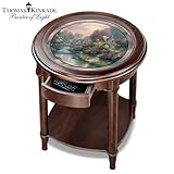 IMAGE OF Thomas Kinkade Lamplight Bridge Painting Inspired Decorative Round Wood Accent Table by The Bradford Editions