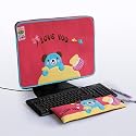[Blue Bear-Red] Embroidered Applique Fabric Art 17 inch Monitor Screen Cover & Wrist Rest Pad