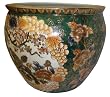 Oriental porcelain fishbowl / jardiniere / planter / pot, 18", handpainted gold filigree, hunter green