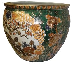 Oriental porcelain fishbowl / jardiniere / planter / pot, 18", handpainted gold filigree, hunter green