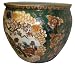 Oriental porcelain fishbowl / jardiniere / planter / pot, 18", handpainted gold filigree, hunter green