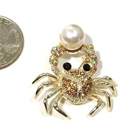 Yellow Topaz Austrian Rhinestone & Pearl Crab Gold-Plated Brooch Pin