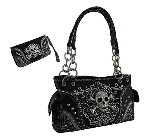 Rhinestone Skull Metallic Trim Concealed Carry Purse/Wallet Set Black