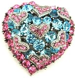 Aquamarine Blue and Pink Cz Cubic Zirconian and Crystal Heart Brooch Pin