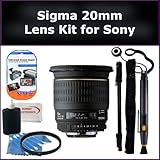 Sigma Super Wide Angle 20mm f/1.8 (D) EX Aspherical DG DF RF Autofocus Lens Kit for Sony SLT-A77, SLT-A65 Digital SLR Cameras. Package Includes: Sigma 20mm Lens, UV Filter, Lens Cap Keeper, Lens Cleaning Pen, Monopod, LCD Screen Protectors, and Cleaning Kit with SSE Microfiber Cleaning Cloth