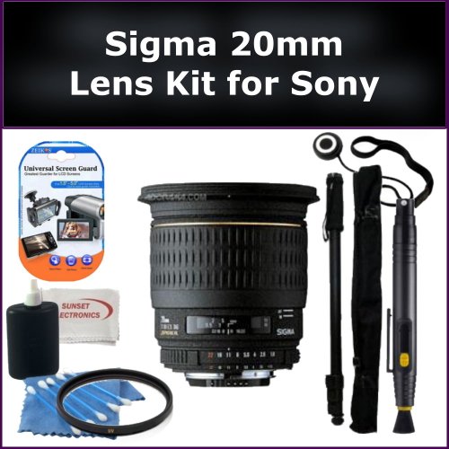 Sigma Super Wide Angle 20mm f/1.8 (D) EX Aspherical DG DF RF Autofocus Lens Kit for Sony SLT-A77, SLT-A65 Digital SLR Cameras. Package Includes: Sigma 20mm Lens, UV Filter, Lens Cap Keeper, Lens Cleaning Pen, Monopod, LCD Screen Protectors, and Cleaning Kit with SSE Microfiber Cleaning Cloth