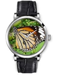 SPRAWL Aanalog Fashion Series Silver Ladies Watches of Genuine Black Leather Strap,Unique Wrist Watch for Women Girls Designed with Butterfly on green leaves