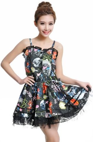 Blooms Gothic Lolita Punk Women Galaxy Outer Space Lace Dress (Free Size, Black)