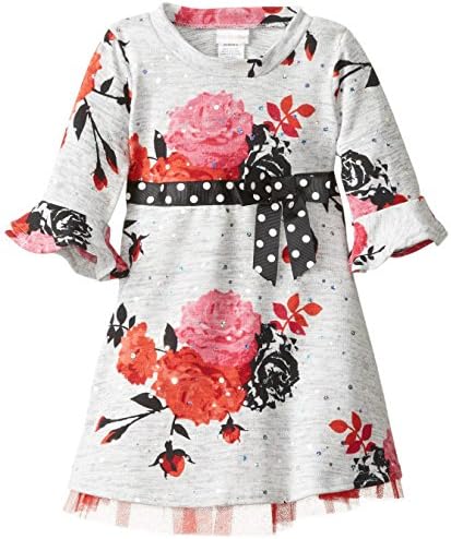 Xsen Sweetheart Rose Little Girls' Floral Brushed Knit Fashion Dresses, Grey, size 2