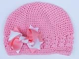 Piper Bow Children's Crochet Hat (Toddler to Young Girls, Pink Hat/Pink & White Bow)