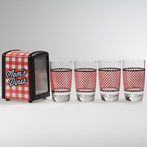 Mom's Diner Gingham Napkin Dispenser and Juice Glass Retro Kitchen Set