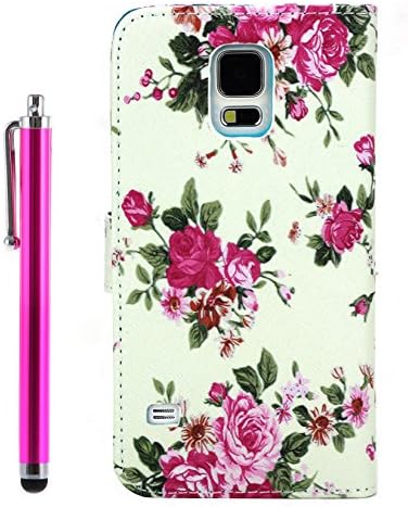 TheLovelyBird PU Leather Folio Stand Wallet Case / Cover for Samsung Galaxy S5 + Stylus Pen in Retail Packaging (Pink Flower)