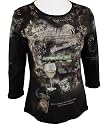 Cactus Fashion Rhinestone Highlighted, Artistically Printed, 3/4 Sleeve, Scoop Neck, Black Colored Cotton Fashion Top - Chardonnay Wine Country