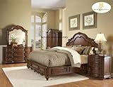 5 pc Queen Size Bedroom Set with Carving in Warm Brown Finish