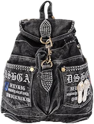 Donalworld Women Rivet Drawsring Hiking Backpack Jeans Denim Book Shoulder Handbags Bblack