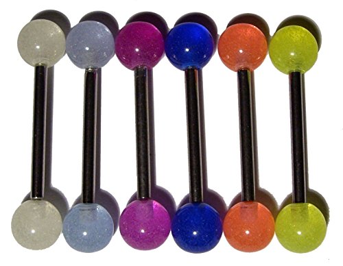 Lot of 6 Glow in the Dark Barbell Tongue Rings 14g 5/8"