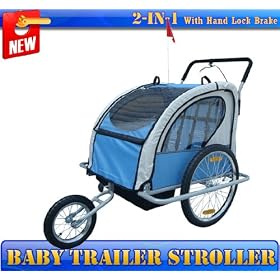 NEW 2IN1 Double Baby Bike Bicycle Trailer Stroller Blue With Hand Brake System