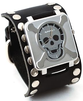 Nemesis #SM930K Men's Stainless Steel Skull Face Dial Wide Leather Cuff Band Watch