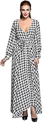 V-neck Plunging Neck  Chiffon Houndstooth Print  Ball Gown Maxi Dress 
