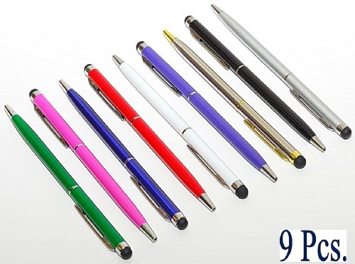 ExertaTech 9 pcs - 2 in 1 Stylus & Ink Pen for iPad and iPad2, iPhone 4s, Droid Phones - 7mm (Thin Twist) Blue + Silver + Black + White + Pink + Green + Matt Chrome Gold + Red + Purple (9 pcs in Pack)